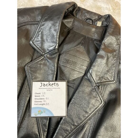 Vintage Leather Coat Jacket Black Knee Length Button Front Career - Picture 11 of 11